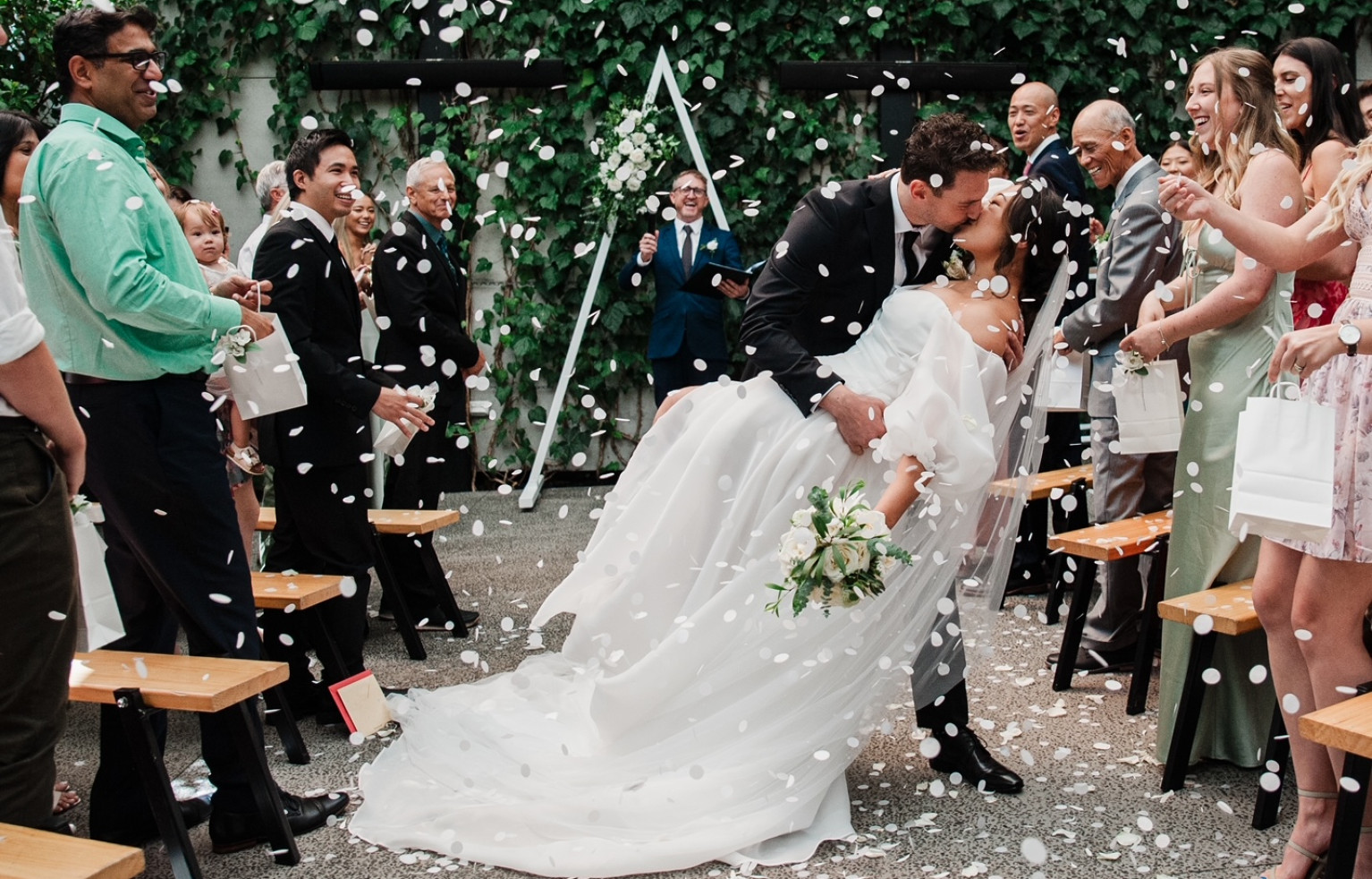 Wedding couple surrounded by confetti at Space on Crummer